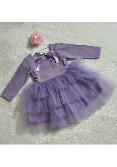 Kız Çocuk Kat Kat Tütülü Pamuklu Uzun Kollu Mor Özel Gün Abiye Doğum Günü Günlük Prenses Elbise Mor