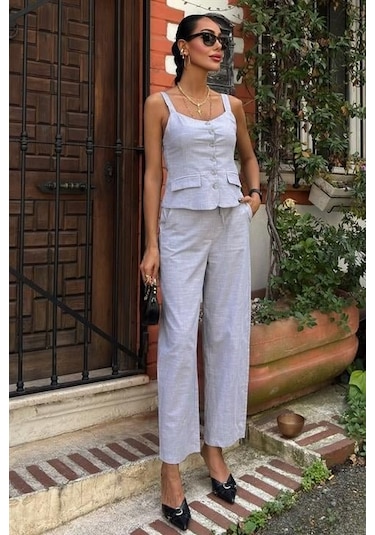 The İstanbul Kalın Askılı Bluz Pantolon Keten Takım 10187 Gri