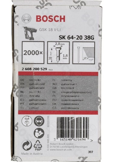 Bosch - Başsız Çivi 20ᵒ 38 MM Galvanizli 2000li
