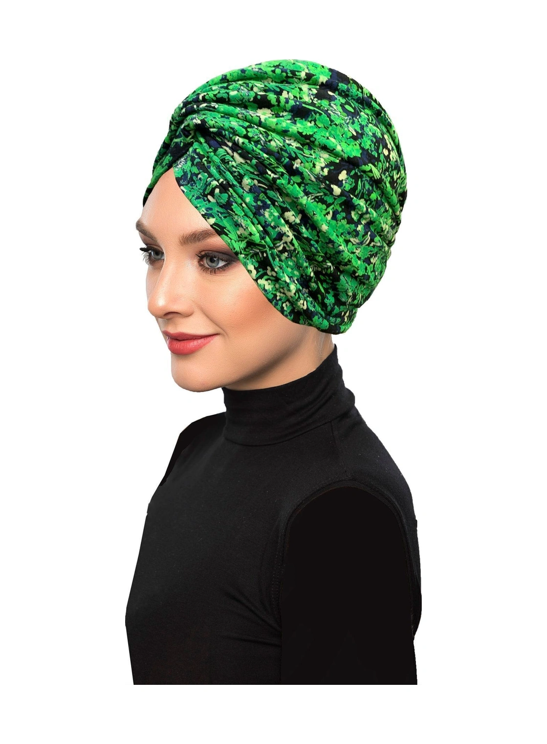 Fidan Desenli Çapraz Penye Yeşil Lacivert Çiçek Motifli Hazır Türban Tesettür Havuz Bonesi Yeşil Lacivert