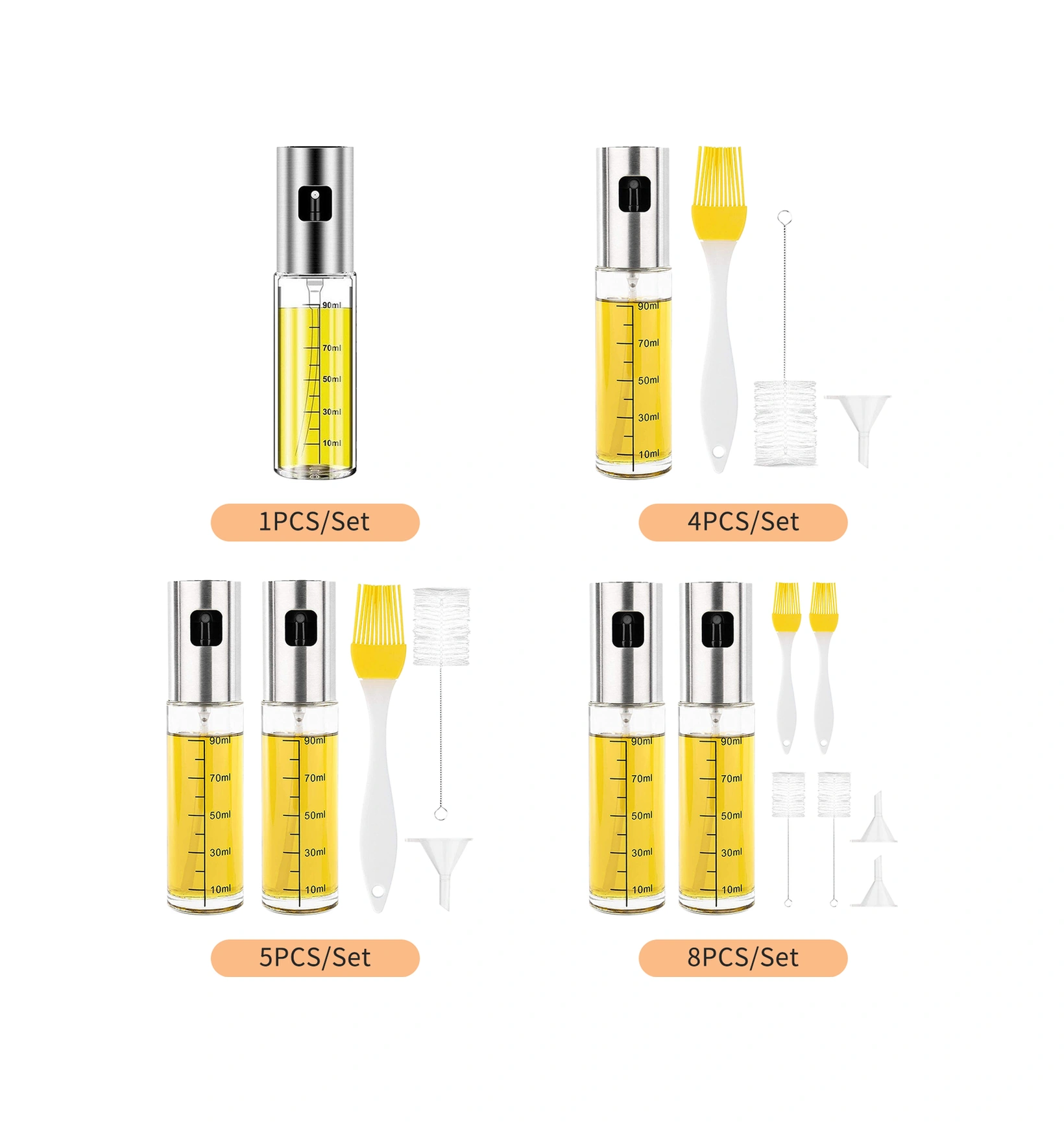 Youmex 5 Parça Set: 2 Adet 304 Çelik 100ml Basma Yağ Spreyi + Yağ Fırçası + Huni + Temizlik Fırçası - Salata, Barbekü, Pişirme İçin Lekesiz Ve Transparent Çok Renkli