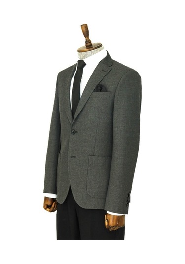 Kendinden Desenli Slim Fit Sivri Yaka Gri Erkek Ceket 001