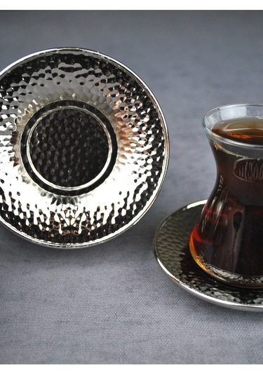 Qualitev 6 Adet Metal Çay Tabağı Dövme Desenli Çay Tabak 10 Cm Gümüş