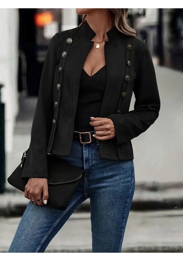Kadın Uzun Kollu Hakim Yaka Yanlardan Düğmeli Kısa Süet Ceket Siyah