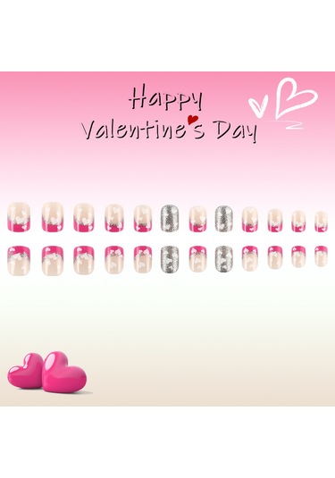 Kısa Parlak Aşk Gül Pembe Simli Tırnak Takma Tırnak Basit Günlük Tırnak Çıkartmaları 24 Parça Dahil Araçlar Ys519
