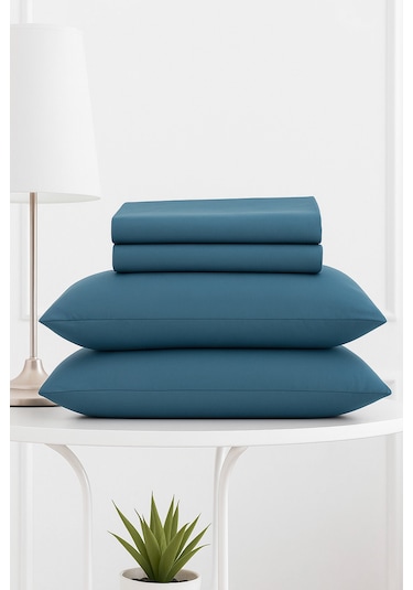 Mirava Premium %100 Pamuk Penye Lastikli Tek Kişilik Çarşaf Takımı 1 Yastık Kılfı Dahil İndgo Mavi 100x200cm Indigo