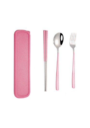 Sones 3 Adet / Set Taşınabilir Paslanmaz Çelik Sofra Takımı Yaratıcı Set Çubuk Kaşık Çatal Hediye, Renk: Pembe Diğer