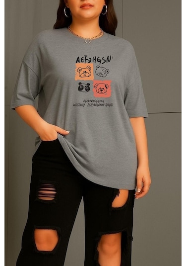 Büyük Beden Aef Ayıcık Baskılı Unisex Tişört Gri