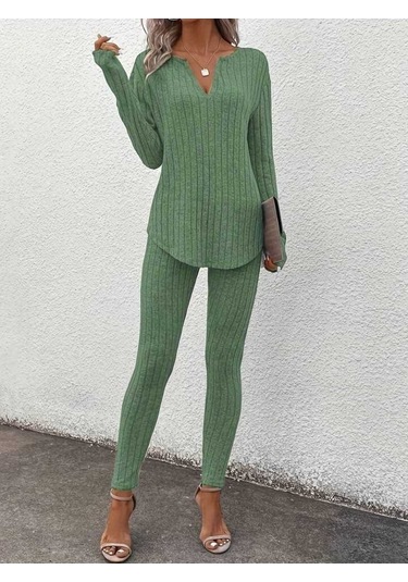 Supplierby Kadın Uzun Kollu V Yakalı Bluz Alt Tayt Şardonlu Kaşkorse Ikili Takım Yeşil