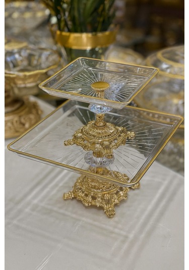 Assa Bazaar Gold 2 Parça Kare Döküm Ayaklı Pasta Sunum Seti | Kurabiyelik Cam Servis Tabağı