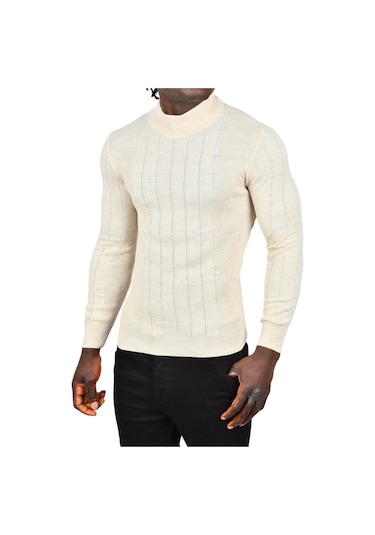 Deepsea Erkek Bej Yarım Balıkçı Yaka Çizgili Tüylenmeyen Slim Fit Triko Kazak 2505491 Bej