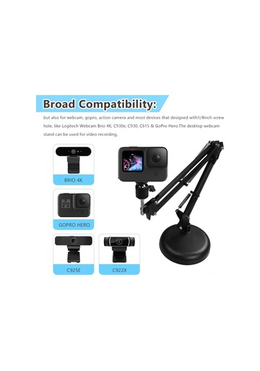 Moveevo Yükseltilebilir Dairesel Tabanlı Web Kamerası Stantı - Abs+alüminyum, 1/4 İnç Vida Adaptörü Ve Telefon Tutucusu Dahil