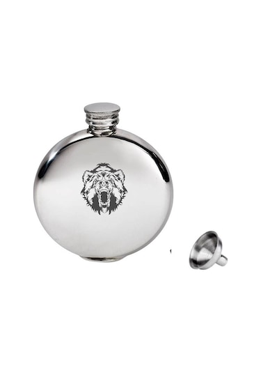 Yuvarlak Çelik Cep Matarası Krom 5 Oz 150ml Vahşi Ayı (hunili)