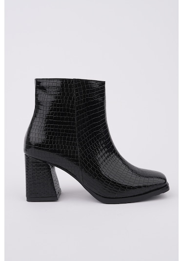 Muggo Divina Küt Burun Kalın Topuklu Fermuarlı Kadın Bot SİYAH RUGAN