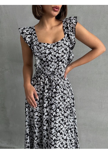Kadın Çiçek Desenli Fırfır Detaylı Yazlık Dokuma Elbise Siyah