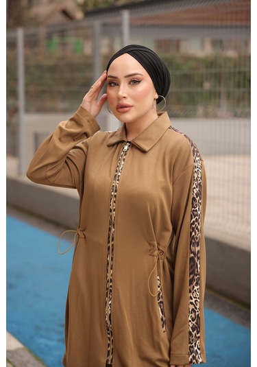 Tesettür Eşofman Takımı Fermuarlı Ikili - Tunik Pantolon Kahverengi 474 Kahverengi