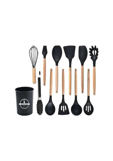 12 Parça Ahşap Saplı Siyah Silikon Mutfak Seti - Mikrodalga, Fırın, Bulaşık Makinesi Uyumlu Siyah