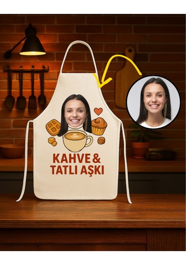 Kişiye Özel Karikatür Fotoğraflı Mutfak Önlüğü Kahve Tatlı Aşkı Krem