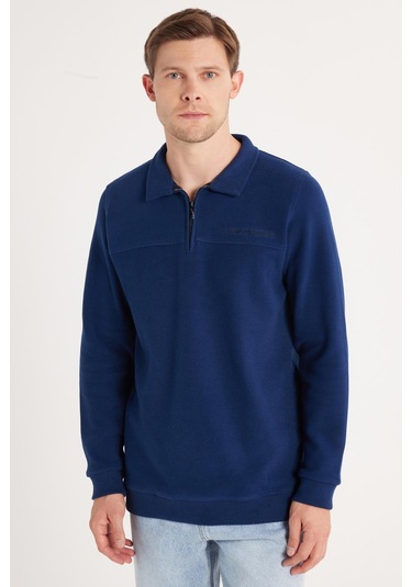 Erkek Standart Fit Pamuklu Selanik Kumaş Yarım Fermuarlı Polo Yaka Baskılı İndigo Sweatshirt-35751 İndigo