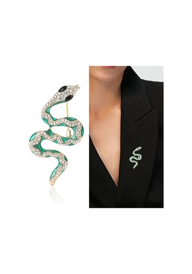 Mufunye Зеленый Змеиный Дизайн Брошь С Искусственным Горным Хрусталем - Повседневный Ювелирный Украшение Çok Renkli