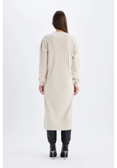 Defacto Regular Fit Yarım Balıkçı Yaka Basic Düz Uzun Kollu Triko Elbise W0986AZ24WNER105 Ekru