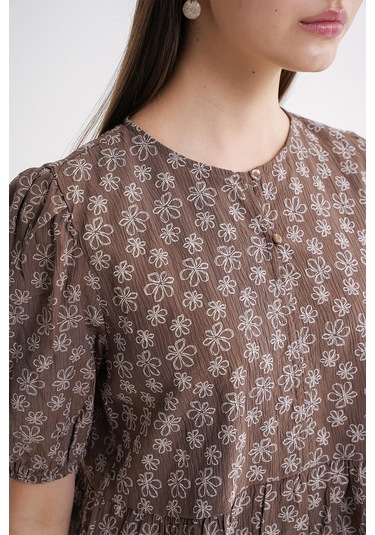 4688 Kadın Balon Kol Çiçek Desenli Peplum Bluz Kahve Kahve