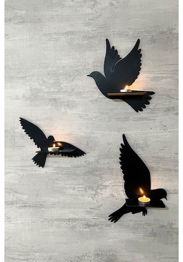 Dekoratif Kuş Duvar Rafı 3 Lü Set 30 Cm Duvar Mumluğu Siyah