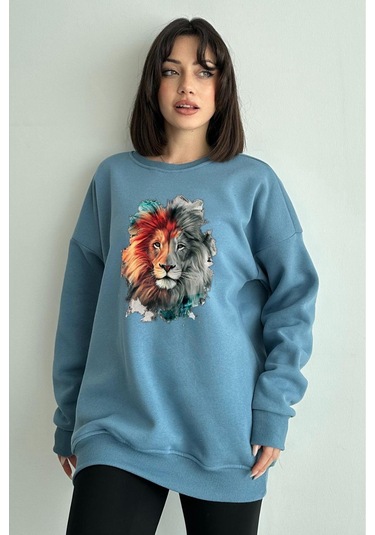 Kadın Mavi Aslan Baskılı Oversize Bisiklet Yaka Sweatshirt Mavi