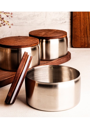 Steel&More Ahşap Kapak Çelik Çerezlik 7 Parça Sızdırmaz Saklama Kabı 12cm Gri