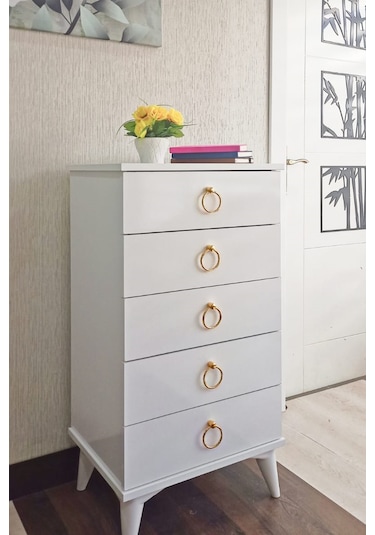Şifonyer 5 Çekmece Beyaz/Altın