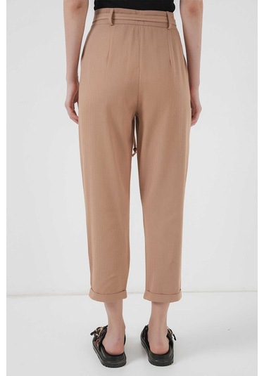Gabria Kemerli Duble Paça Keten Pantolon Camel