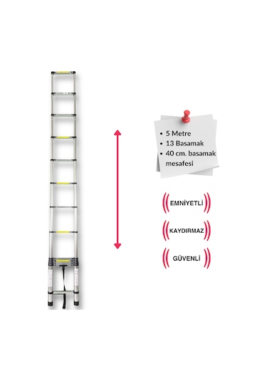 Endokon 500 Cm. - 13 Basamaklı Teleskopik Alüminyum Merdiven - I Tipi Uzayan Merdiven