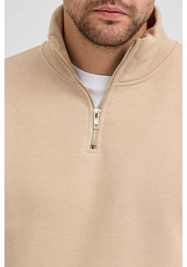 Unisex Regular Fit Rahat Kesim Pamuklu Içi Polarlı Yarım Fermuarlı Bej Dik Yaka Sweatshirt Bej