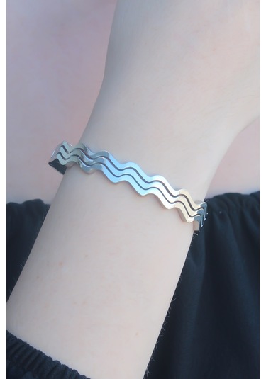 316l Kararmaz Çelik Gümüş Renk Dalga Model Kelepçe Kadın Bileklik Renkli