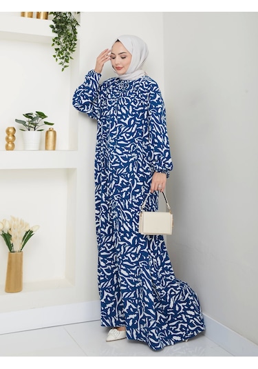 Desenli Önü Büzgülü Viskon Elbise - Mavi / E0131 Mavi