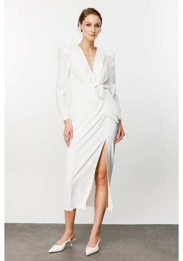 Nefeli Midi V Yaka Uzun Kol Minimalist Elbise - Özel Günler İçin Beyaz
