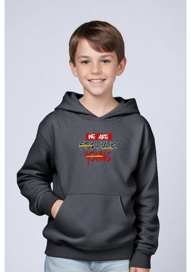Kapüşonlu Kanguru Cepli Foreever Baskı Detaylı Erkek Çocuk Sweatshirt Füme