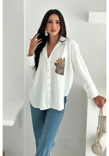 Kral Aslan Desen Baskılı Taşlı Gömlek Beyaz