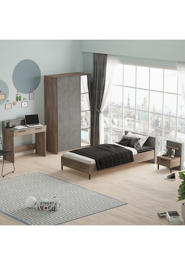 Robin Home Dream Genç Odası Takımı 4'Lü Set Karyola Komodin Gardr Kahverengi