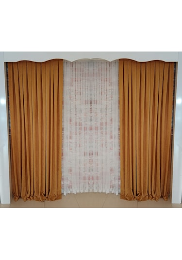 Koyu Hardal Renk Fon Kadife Perde Çift Kanat 1/3 Sık Pileli Dikim V-17 Koyu Hardal