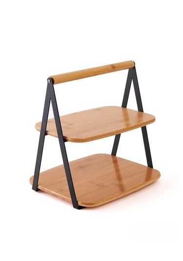 Metal Yan Çerçeveli Bambu 2 Katlı Sunumluk Şık Ve Dayanıklı Mutfak Düzenleyici 33,5 Cm Bambu