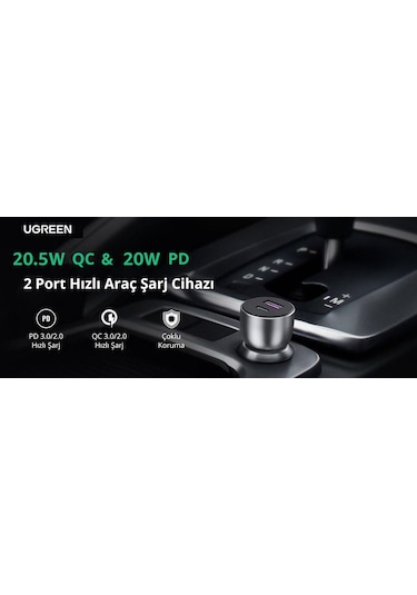Ugreen Alüminyum 42.5W Pd Qc 3.0 Çift Çıkışlı Hızlı Araç Şarj Cih