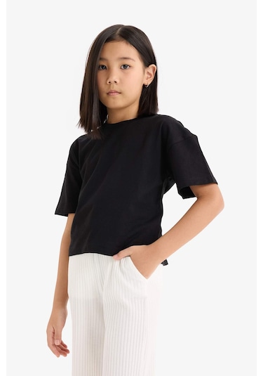 DeFacto Kız Çocuk Relax Fit Bisiklet Yaka Basic Düz Kısa Kollu Tişört Z5095A625SMBK27 Siyah