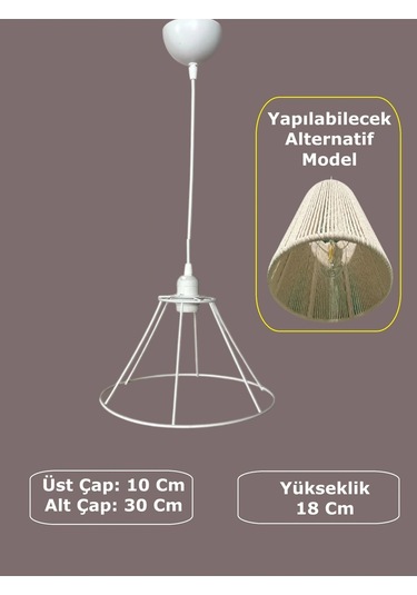 Konik Avize Teli , İskeleti Uzun Boy 30x18 Cm Beyaz Statik Boyalı Duy Takımı Dahil Beyaz