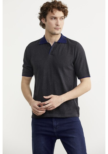 Pamuk Polo Yaka Kısa Kol Triko Tişört - Antrasit Antrasit