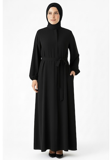 Medine İpeği Mevlana Kesim Cepli Kuşaklı Bol Ferace 4000-siyah Siyah