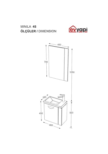 Biani Minila 45 cm Banyo Dolabı,Seramik Lavabolu, Aynalı,Lavabo Dahil,Mdf,Latte Biani Minila 45 cm Banyo Dolabı,Seramik Lavabolu, Aynalı,Lavabo Dahil,Mdf,Latte
