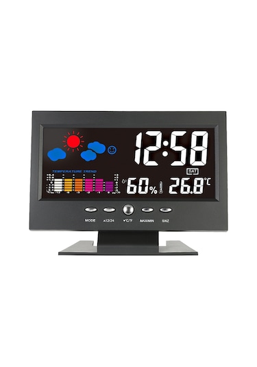 Gajeena Sıcaklık Nem Ölçer Hava Tahmini Saati, Renkli Ekran, Sesli Kontrol Işıklı, Usb Kablolu, Pil Yok Abs, Siyah