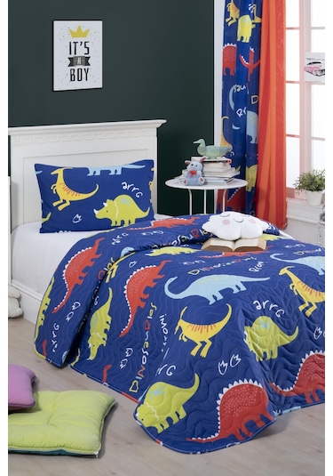 Kapitone Yatak Örtüsü Seti Tek Kişilik Dinazorus Mavi