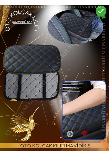 Dacia Solenza Deri Oto Kolçak Kılıfı, Kaliteli Süngerli Mavi Nakışlı.